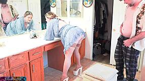 helping stepmom dress in the bathroom, i get to cum inside her curvy body