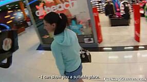 I fucked mazy teen in public restroom with glasses on