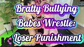 bratty blonde babes dominate and punish loser in wrestling match
