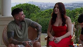 Curvy redhead babe in lingerie sucking and fucking with two young 18+ studs