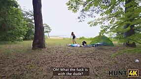 Russian Chloe seduces a big cock in the forest while her boyfriend watches