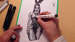 Drawn hot sexy girl in latex sketch