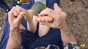 Russian Chloe seduces a big cock in the forest while her boyfriend watches