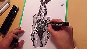 Drawn hot sexy girl in latex sketch