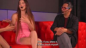 Hey, big tits Mexican woman bangs a fan in public show! 😍