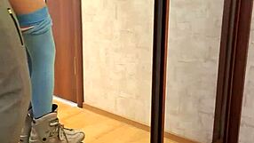 Skinny girl with ponytail gets fucked on roller skates during workout