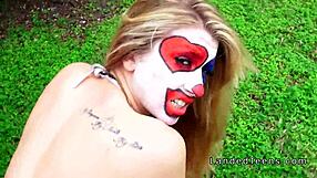 teen in clown costume bangs outdoor for public cumshot