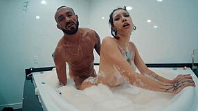 Geek slut moans as she kisses and spits on cock, getting dominated with facial in jacuzzi.