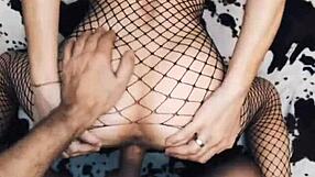 wife rides cowgirl style in seductive mesh bodysuit for homemade thrill