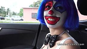 teen in clown costume bangs outdoor for public cumshot
