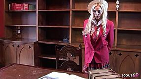 Skinny girl in fishnet stockings gets cosplay fucked by old guy 😏