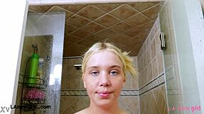 Elegant shy blonde teen 18+ refreshed after a steamy shower