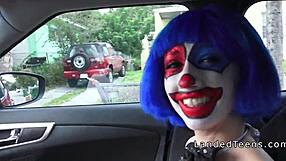 teen in clown costume bangs outdoor for public cumshot