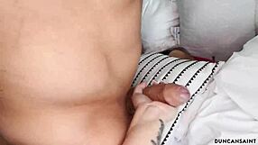 She joins him jerking off his big cock