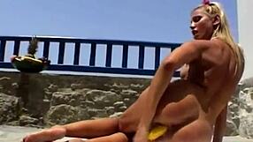 hottest blonde takes deep banana dick outdoors in a milf masturbation scene