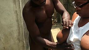 Chubby woman shows off outside to neighbor