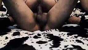 Hey, check out my wife riding cowgirl style in a sexy mesh bodysuit at home!