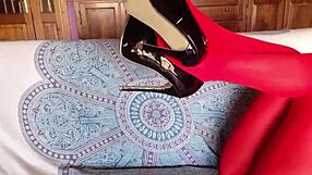 The Milf With Beautiful Legs In Red Pantyhose And Black Heels, Brunette Latina In Lingerie.