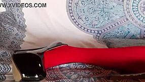 The Milf With Beautiful Legs In Red Pantyhose And Black Heels, Brunette Latina In Lingerie.