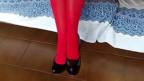 The Milf With Beautiful Legs In Red Pantyhose And Black Heels, Brunette Latina In Lingerie.