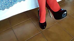 The Milf With Beautiful Legs In Red Pantyhose And Black Heels, Brunette Latina In Lingerie.