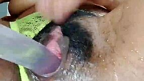 Watch this hairy housewife squirt while riding the dildo?