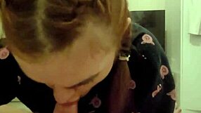 Redhead roommate gives blowjob and spits cum on dick