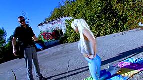 blonde cougar willing to help a guy with balls full of semen in sporty heels and leggings for face fucking