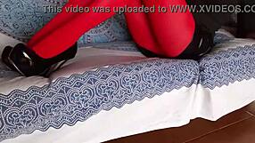 The Milf With Beautiful Legs In Red Pantyhose And Black Heels, Brunette Latina In Lingerie.