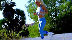 blonde cougar willing to help a guy with balls full of semen in sporty heels and leggings for face fucking