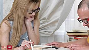 When nerds make love on camera! Petite blonde rides and gets cumshot!