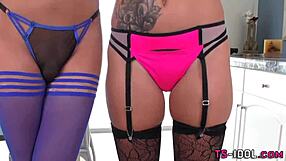 asian ladyboy giving blowjob in lingerie, ending with facial on her face.