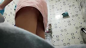 Sexy 18-year-old girl showers with jar water due to service issues.