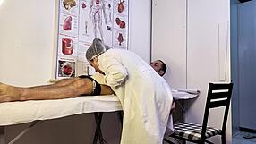 Patient can't hold back and gets hard during nurse's exam