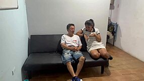 Shy girl meets stepfather and stepsister in family gathering