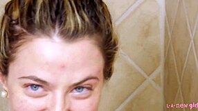 Gorgeous blonde enjoys a relaxing shower on the sofa