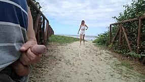 risky handjob on street with stunning redhead caught masturbating