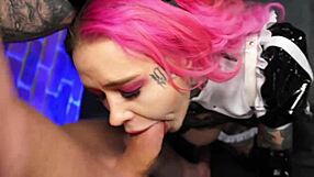 Pink-haired maid moans intensely as she's fucked doggystyle and covered in cum