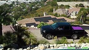 Hot busty masseuse fucks client outdoors.