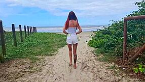 risky handjob on street with stunning redhead caught masturbating