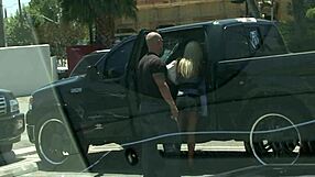 Big tits blonde mom lies on bed. Shaved pussy exposed, rides cock while masturbating tits