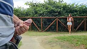 risky handjob on street with stunning redhead caught masturbating