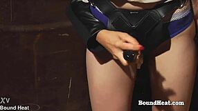 Bent over lesbian slave takes strapon deep