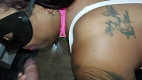 The naughty maid humiliates with double blowjob and squirting