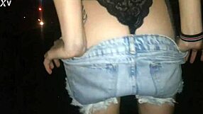 Teen in lingerie bends over for doggystyle blowjob on thick dick at night