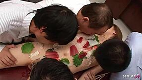 business meeting in japan turns wild with naked teen 18+ sushi and creampie gangbang
