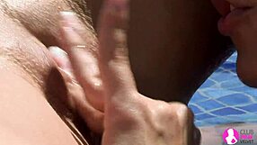 busty lesbian pool sex with kissing and licking