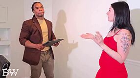 Tattooed slut rides monster cock on sofa, surprising the code enforcer