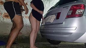 safada takes cock in backyard while cars and pedestrians pass, gets cum and piss bath