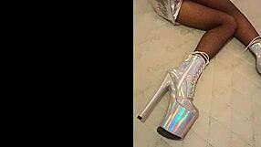 total silver and fishnet pantyhose i am wearing beautiful ankle boots with very high heels silver black fishnet pantyho